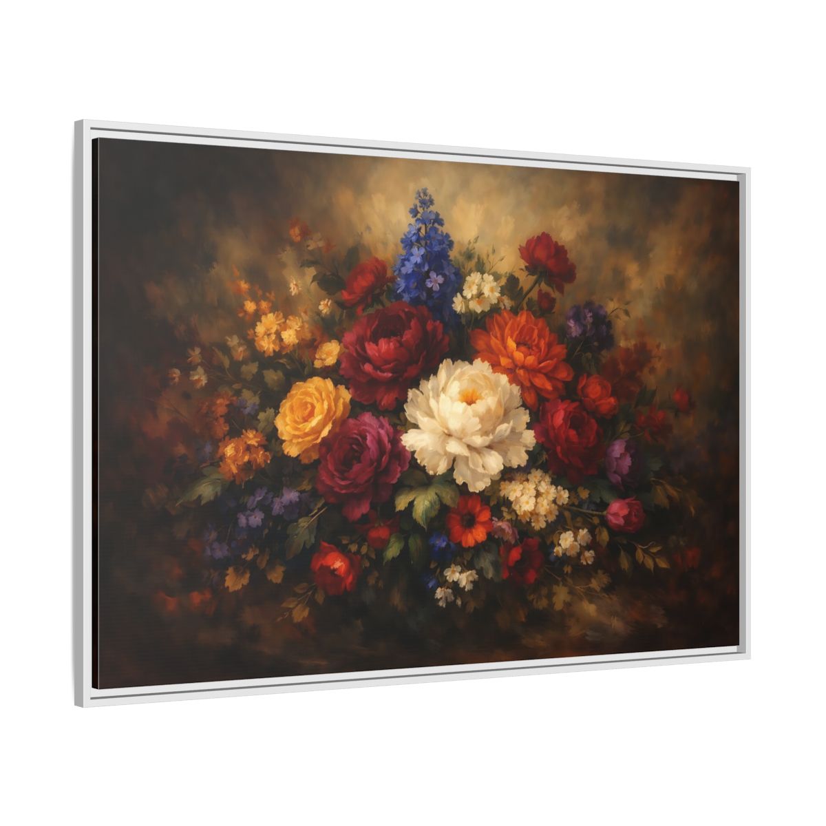 Side Mockup 7. Floral Mixed Flowers Vibrant Floral shown as stretched canvas wall art