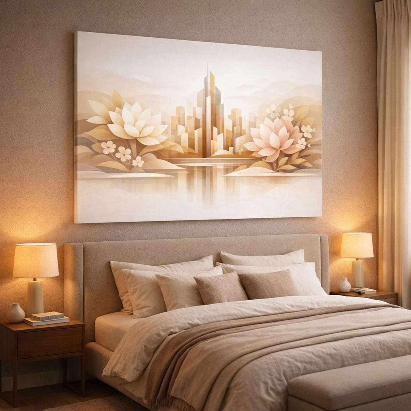 Floral Modern Abstract Skyline shown as canvas wall art in a luxury bedroom