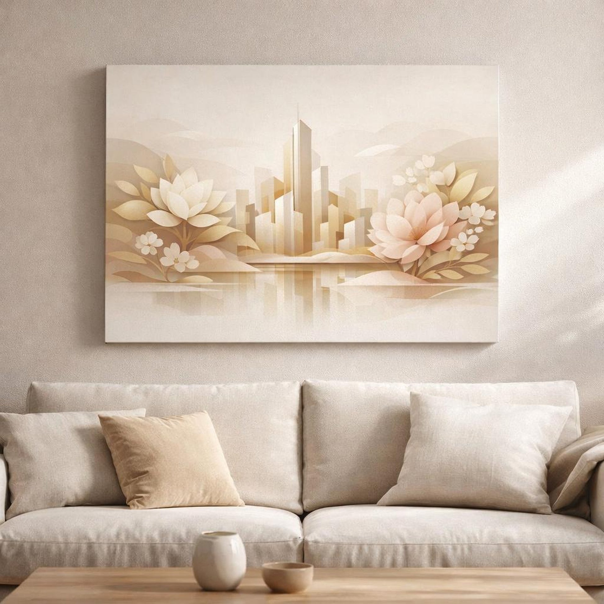 Floral Modern Abstract Skyline shown as canvas wall art in a luxury executive office