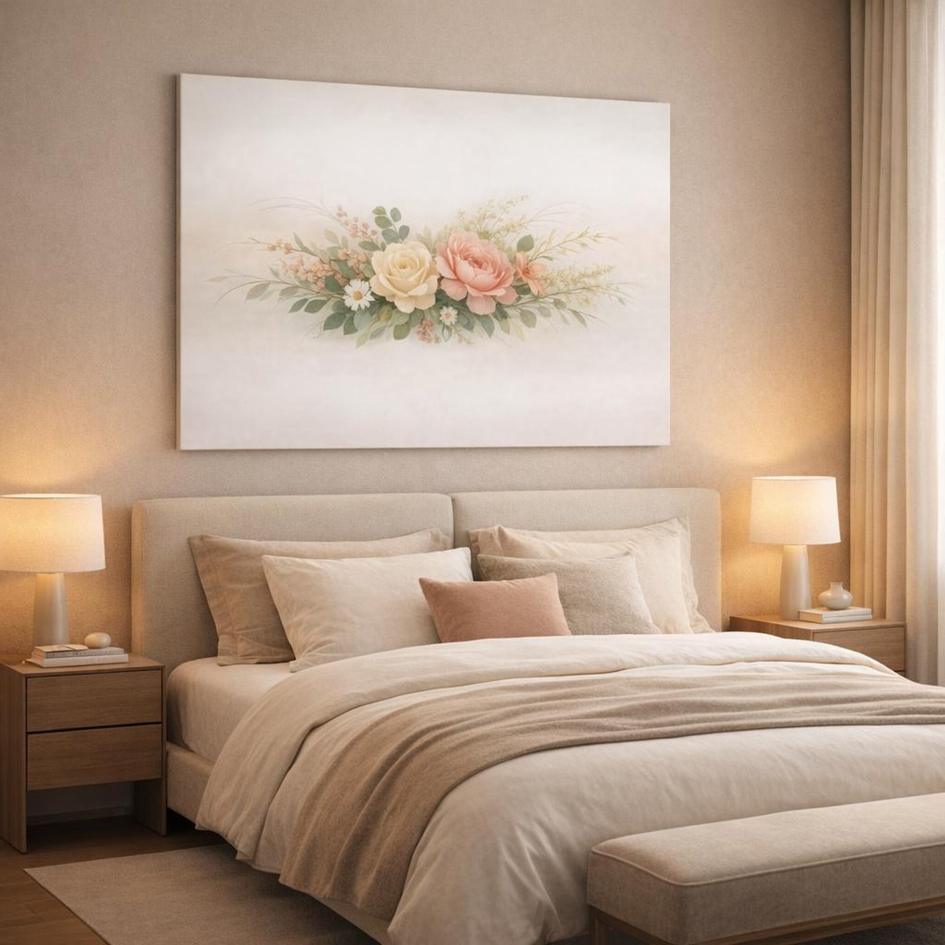 Floral Modern Lines shown as canvas wall art in a luxury bedroom