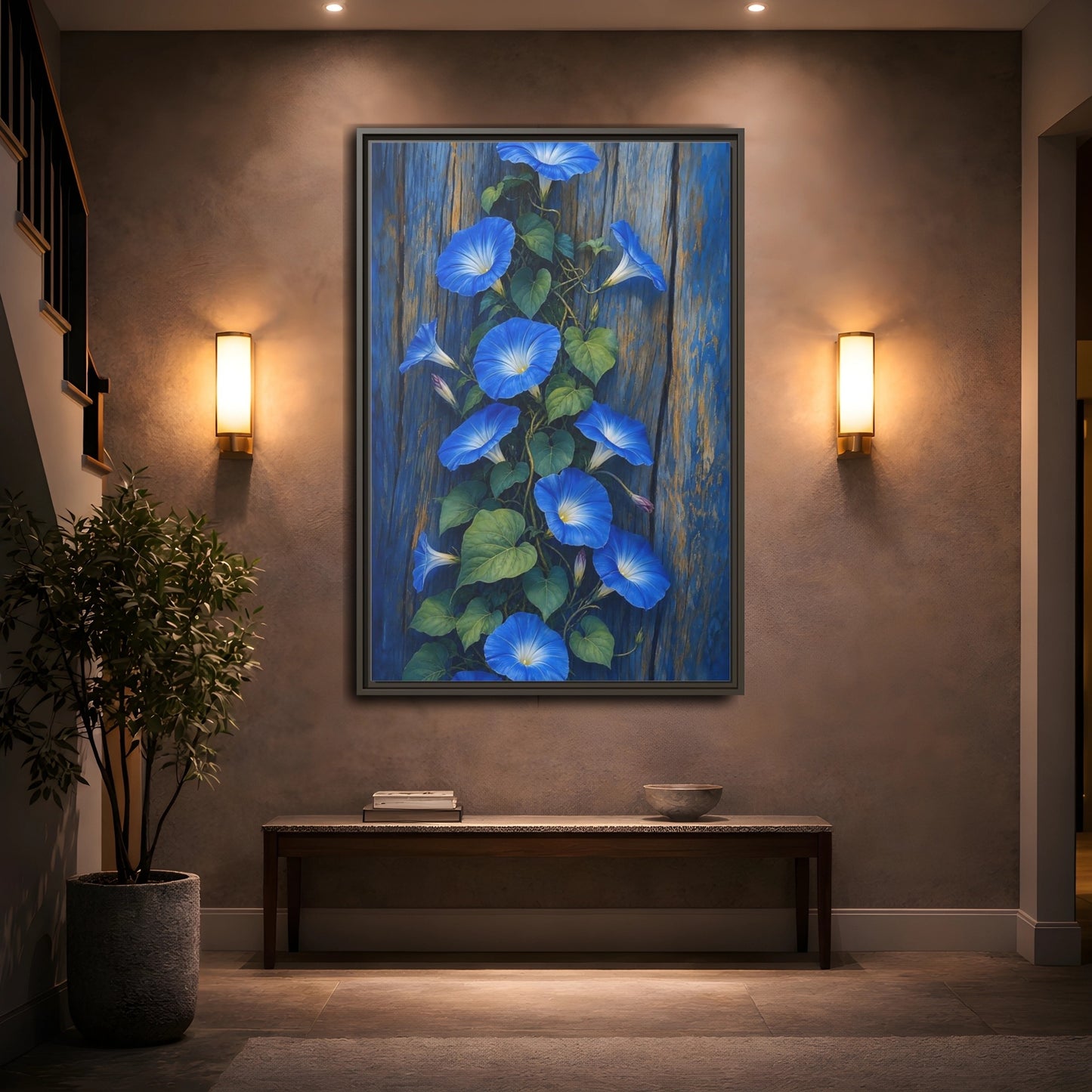 Mockup 2. Floral Morning Glories Blue Floral shown as framed canvas print