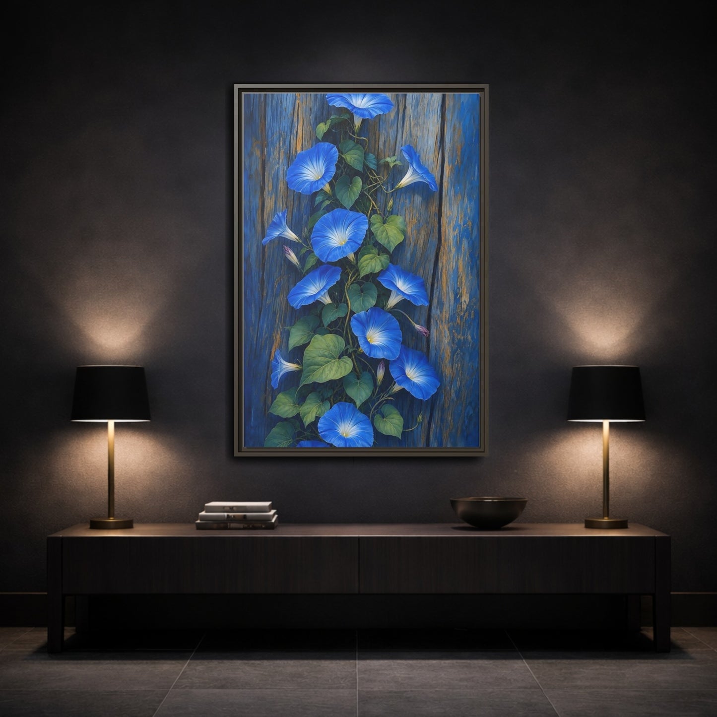 Mockup 3. Floral Morning Glories Blue Floral shown as framed canvas print