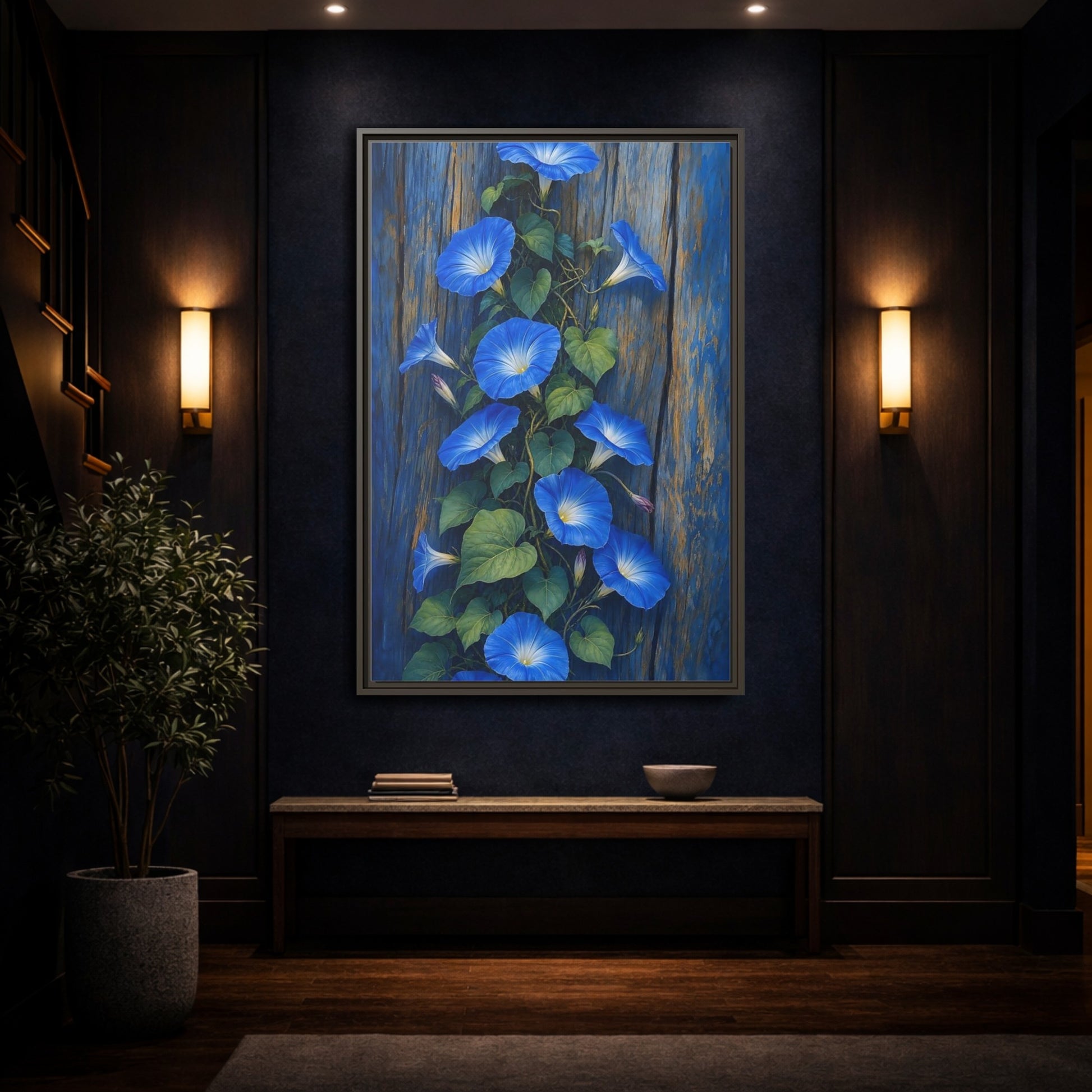 Mockup 4. Floral Morning Glories Blue Floral shown as framed canvas print