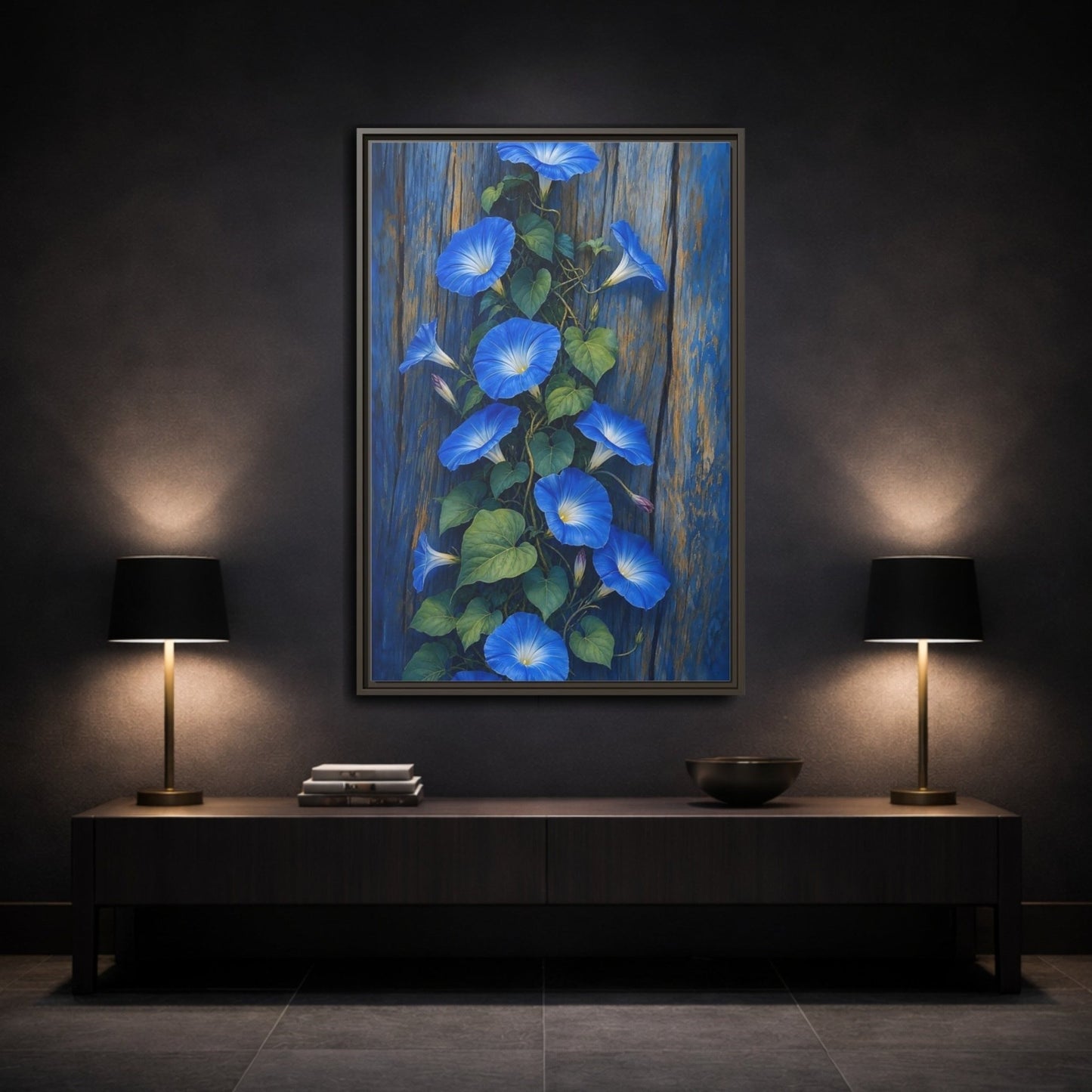 Floral Morning Glories Blue Framed Canvas Print – Living Room, Above Sofa - YesArtYes
