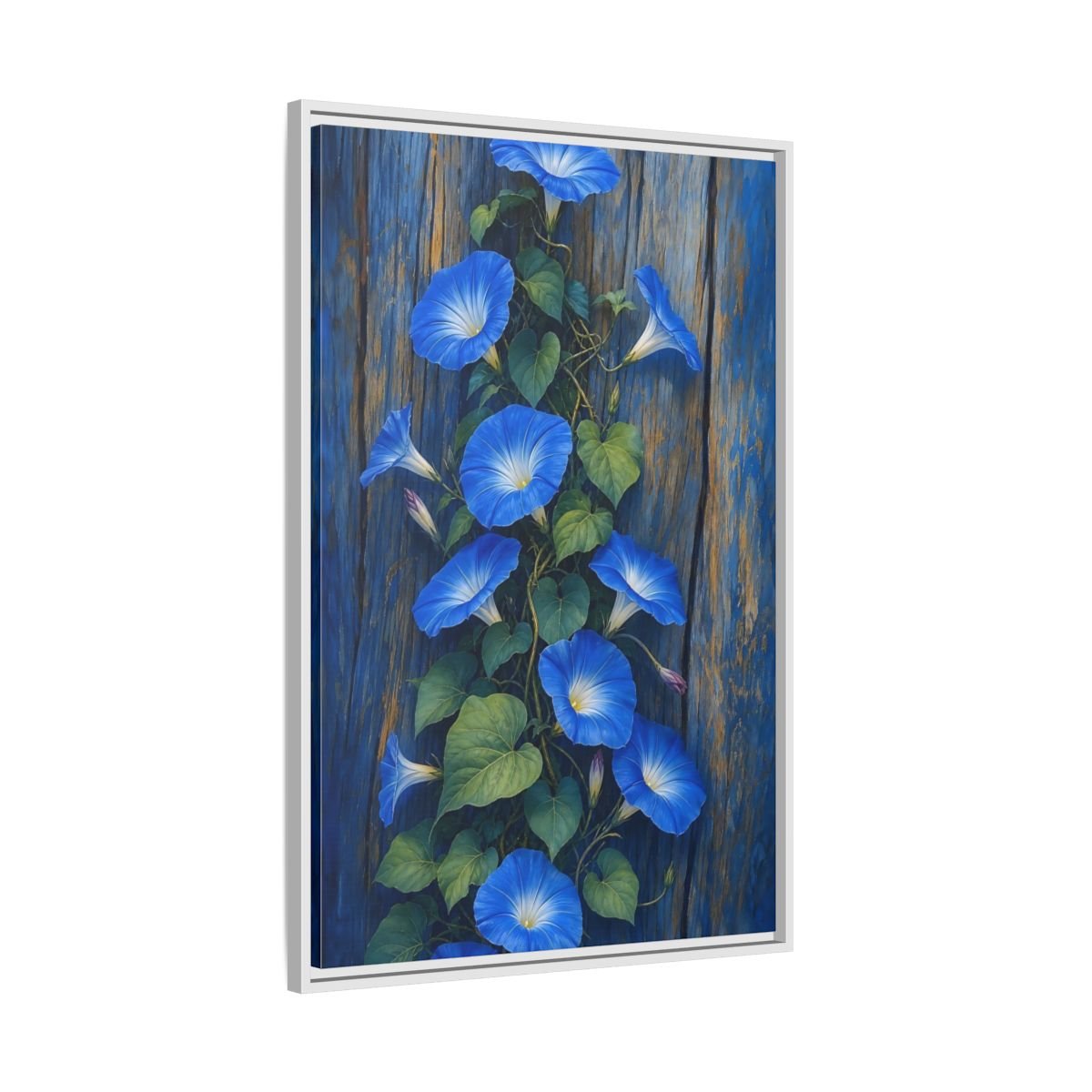 Floral Morning Glories Blue Framed Canvas Print – Living Room, Above Sofa - YesArtYes