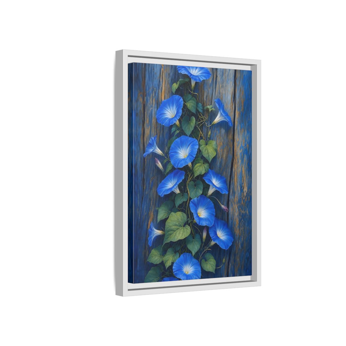 Side Mockup 4. Floral Morning Glories Blue Floral shown as framed canvas print