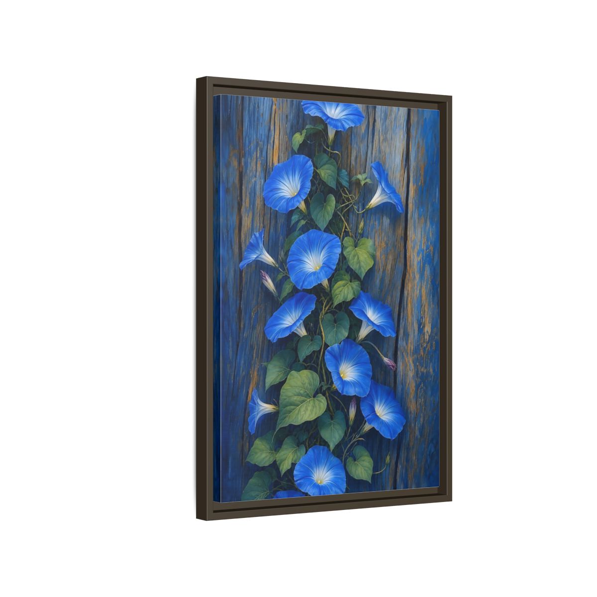Side Mockup 2. Floral Morning Glories Blue Floral shown as framed canvas print