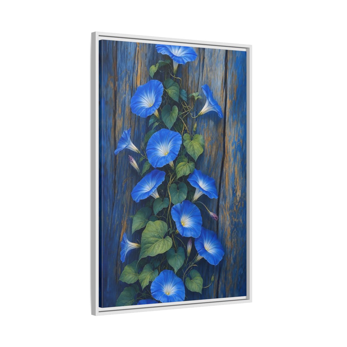 Side Mockup 9. Floral Morning Glories Blue Floral shown as framed canvas print