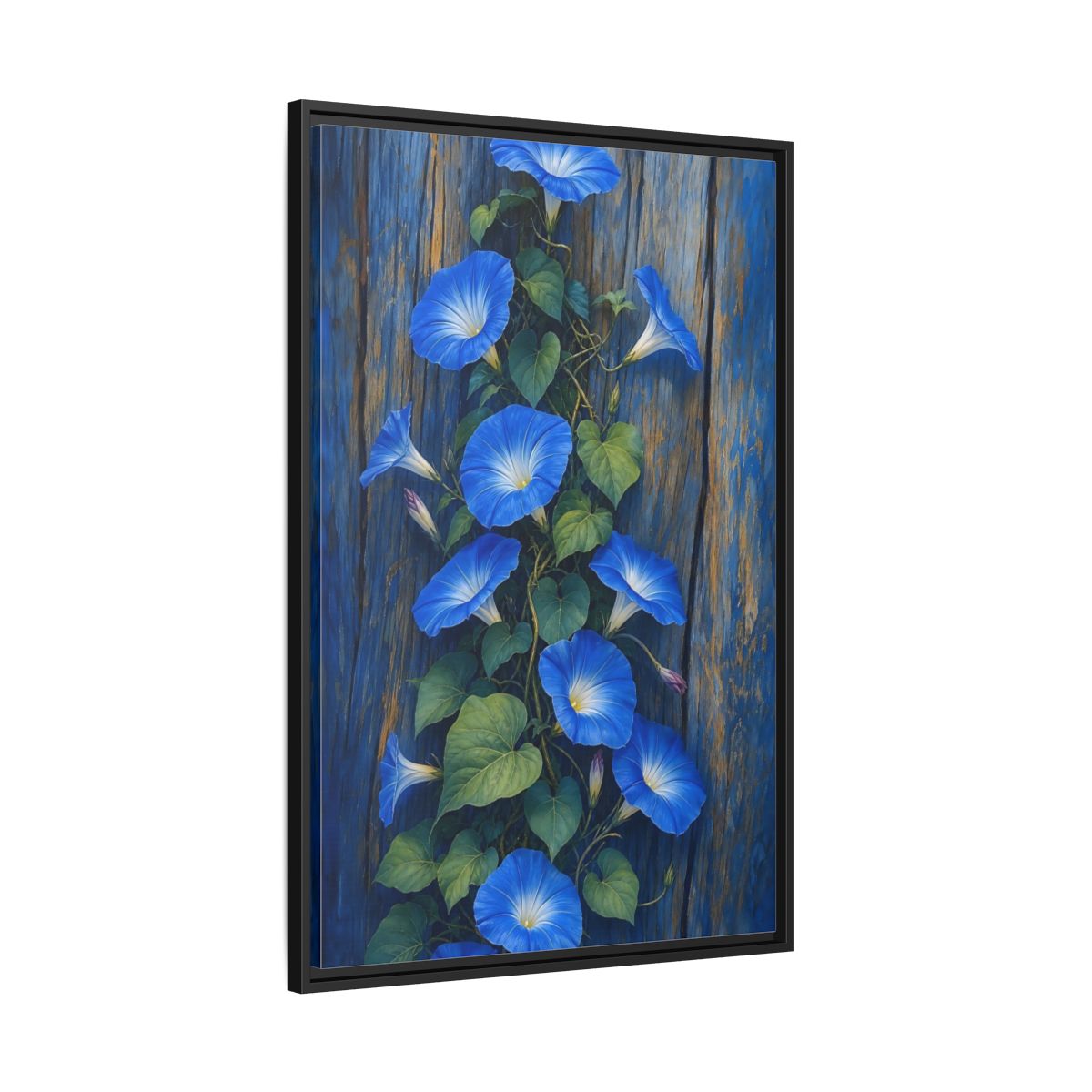 Side Mockup 13. Floral Morning Glories Blue Floral shown as framed canvas print