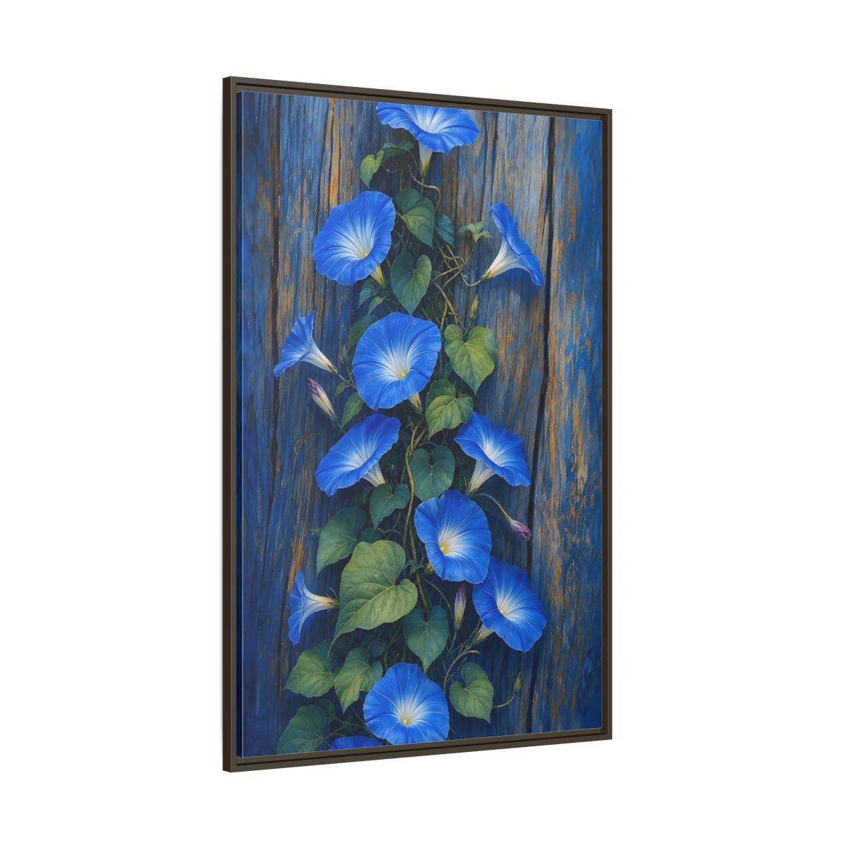 Side Mockup 8. Floral Morning Glories Blue Floral shown as framed canvas print