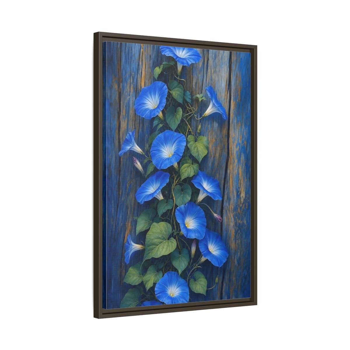 Side Mockup 11. Floral Morning Glories Blue Floral shown as framed canvas print