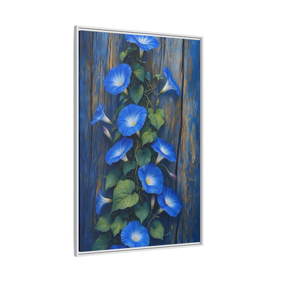 Side Mockup 7. Floral Morning Glories Blue Floral shown as framed canvas print