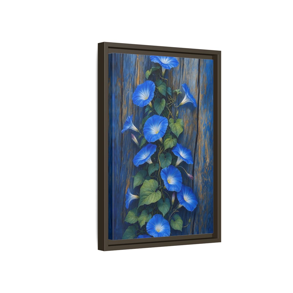 Side Mockup 5. Floral Morning Glories Blue Floral shown as framed canvas print