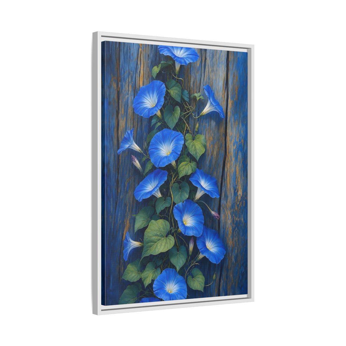 Side Mockup 10. Floral Morning Glories Blue Floral shown as framed canvas print