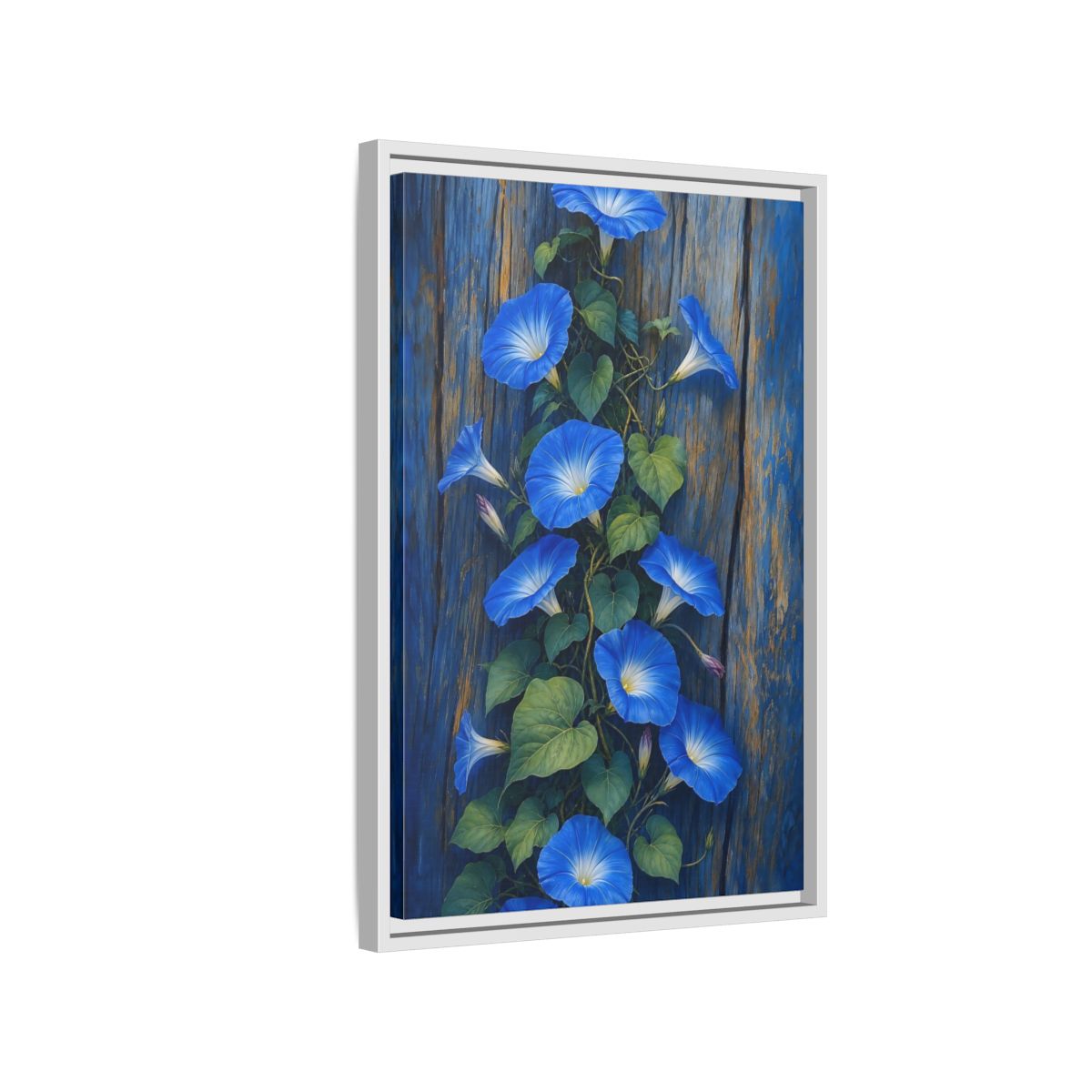 Side Mockup 1. Floral Morning Glories Blue Floral shown as framed canvas print
