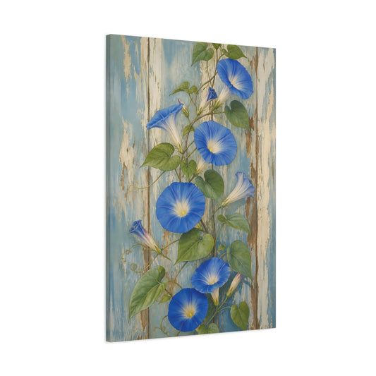 Main Mockup. Floral Morning Glory Blue Floral shown as canvas print