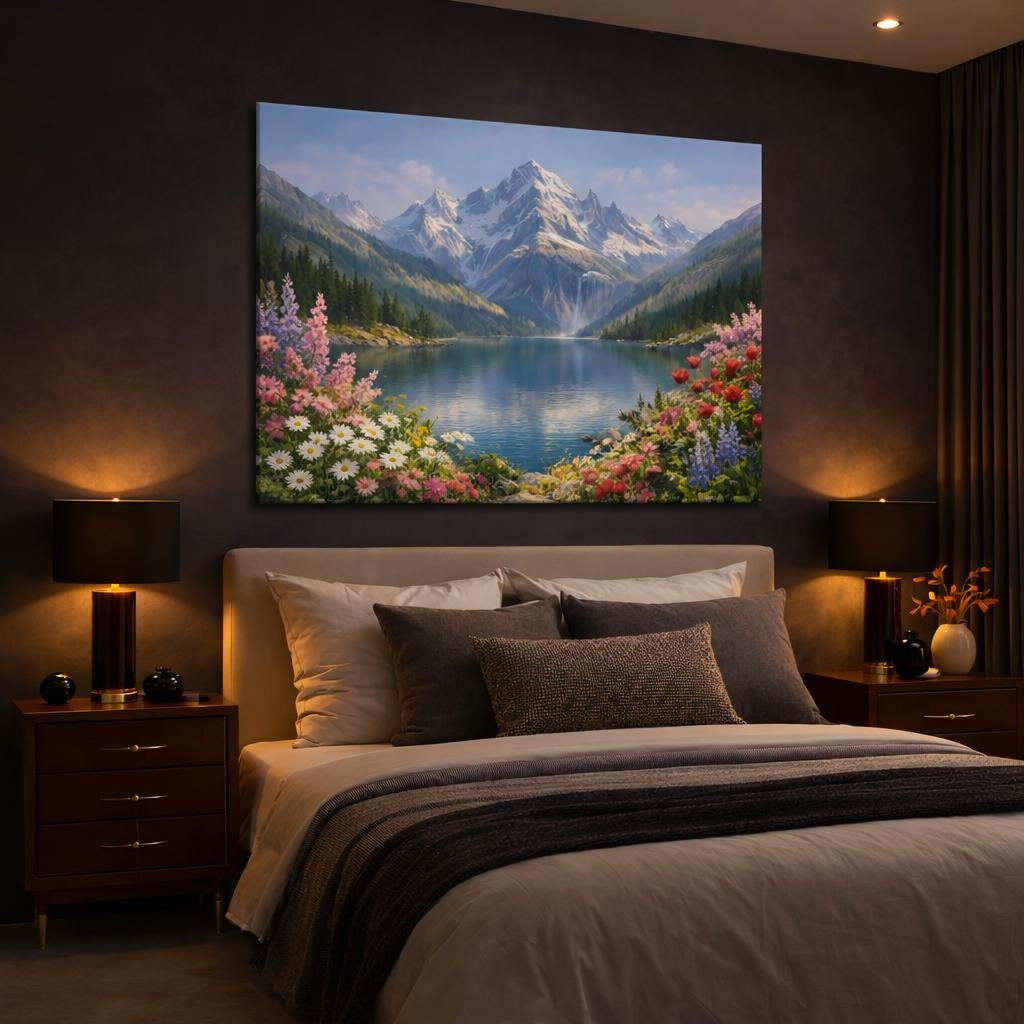 Floral Mountain Lake shown as canvas wall art in a luxury bedroom