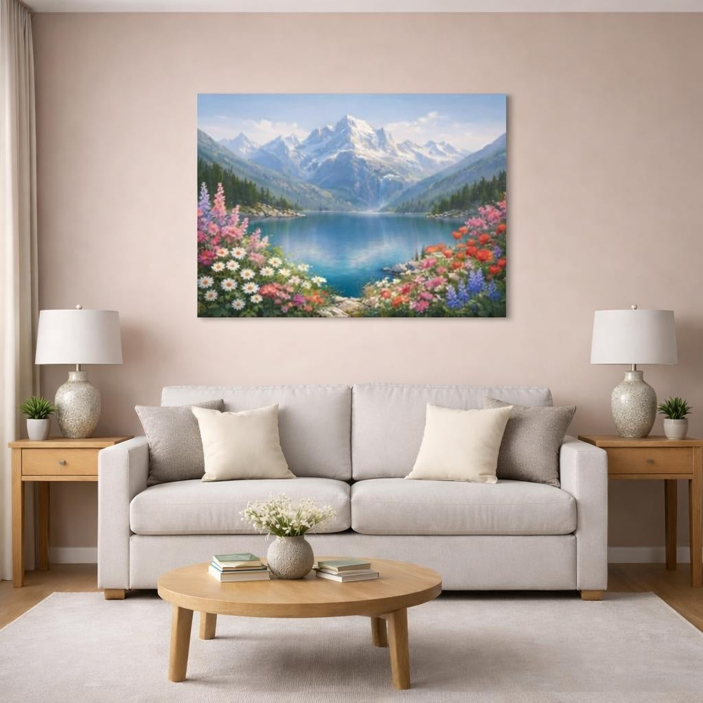 Floral Mountain Lake shown as canvas wall art in a modern living room