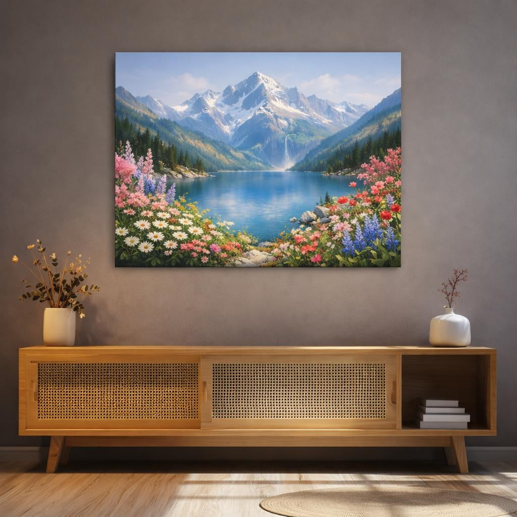 Floral Mountain Lake shown as canvas wall art in a refined dining room