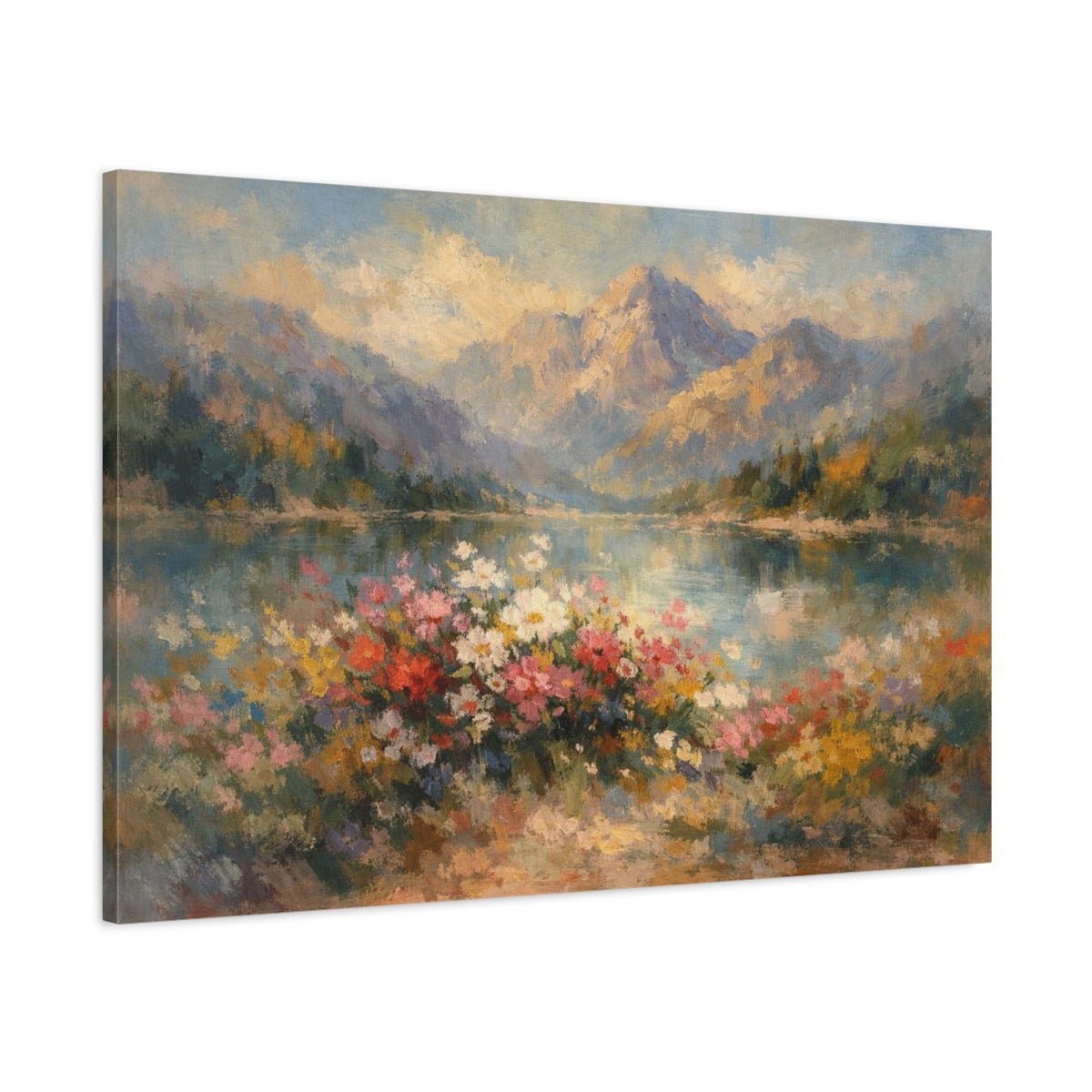 Floral Mountain Lake Lakeside Flowers Nature - Canvas Wall Art Print - YesArtYes