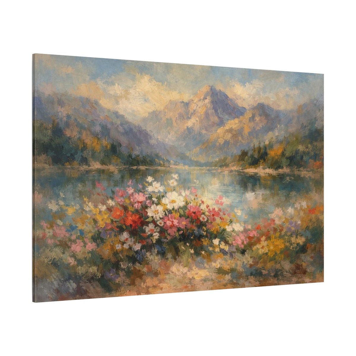 Floral Mountain Lake Lakeside Flowers Nature - Canvas Wall Art Print - YesArtYes