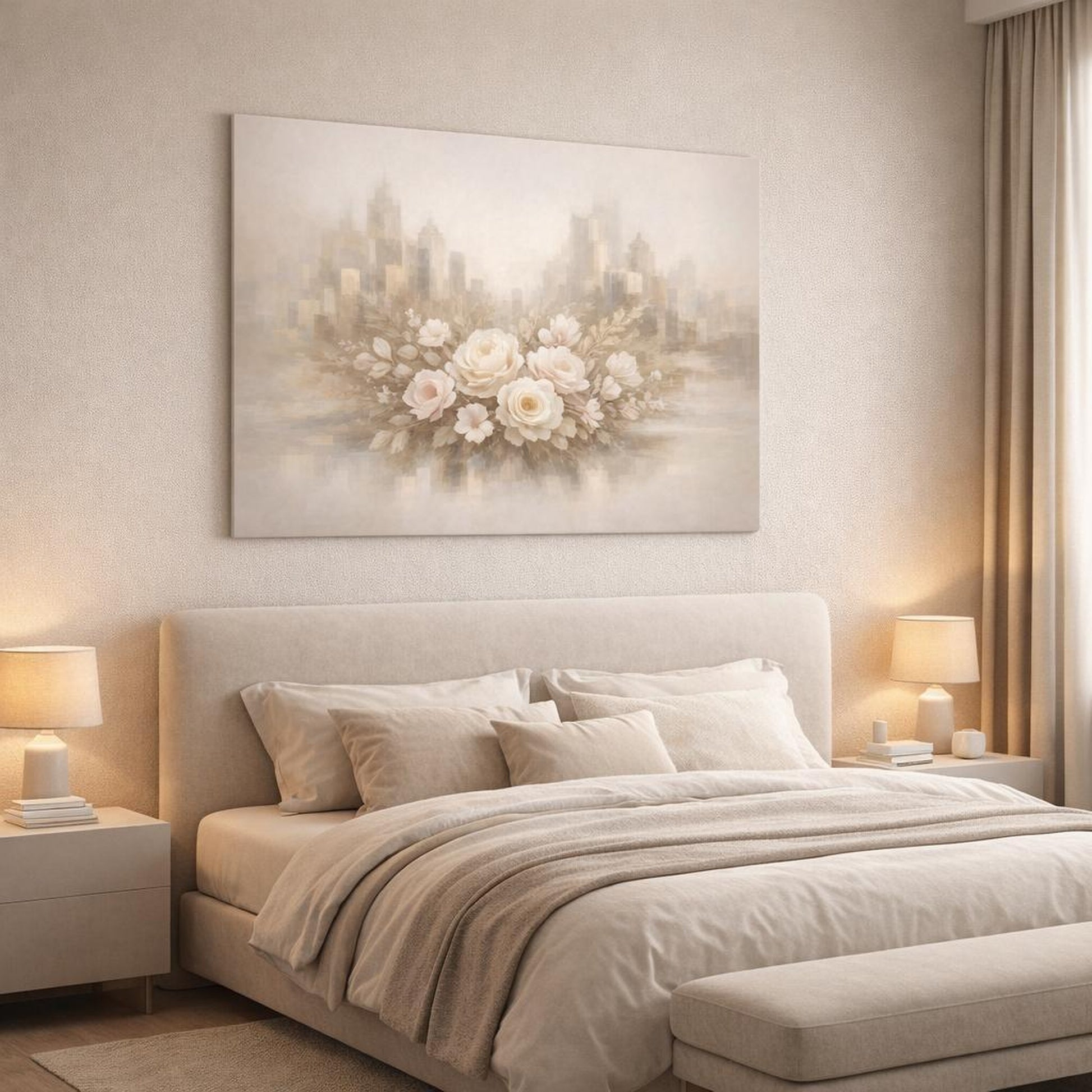 Floral Neutral Abstract City shown as canvas wall art in a luxury bedroom