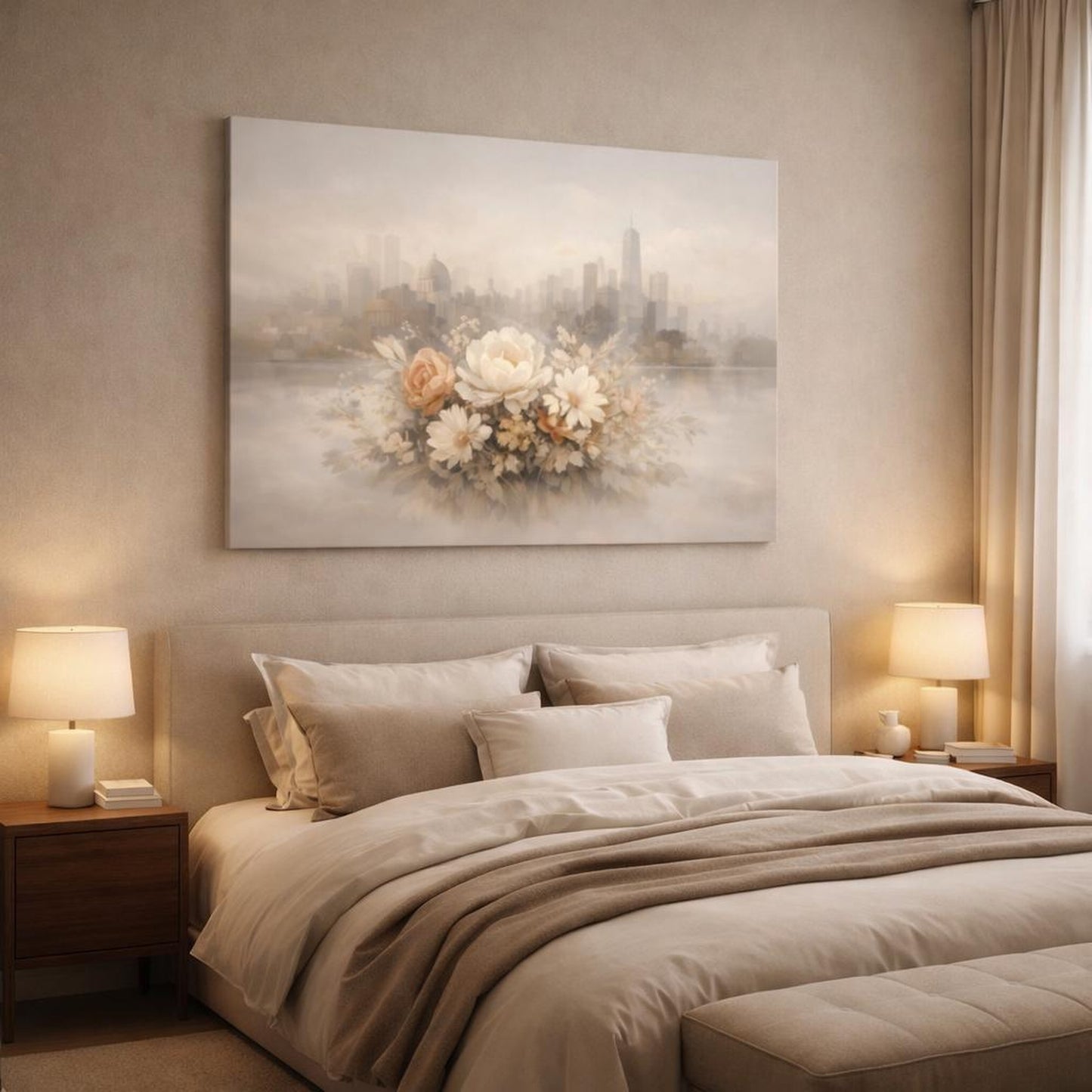 Floral Neutral Abstract City shown as canvas wall art in a luxury bedroom