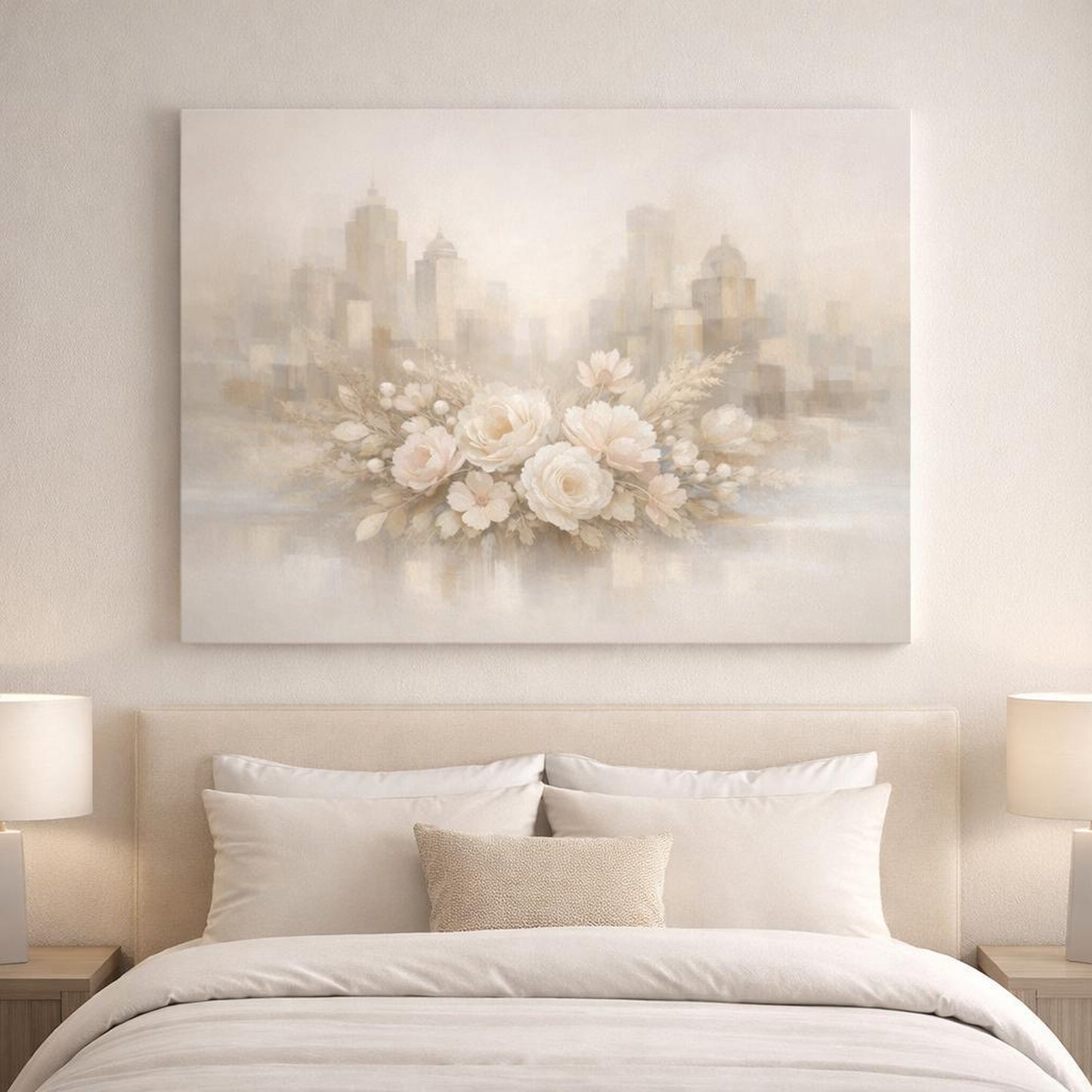 Floral Neutral Abstract City shown as canvas wall art in a luxury executive office
