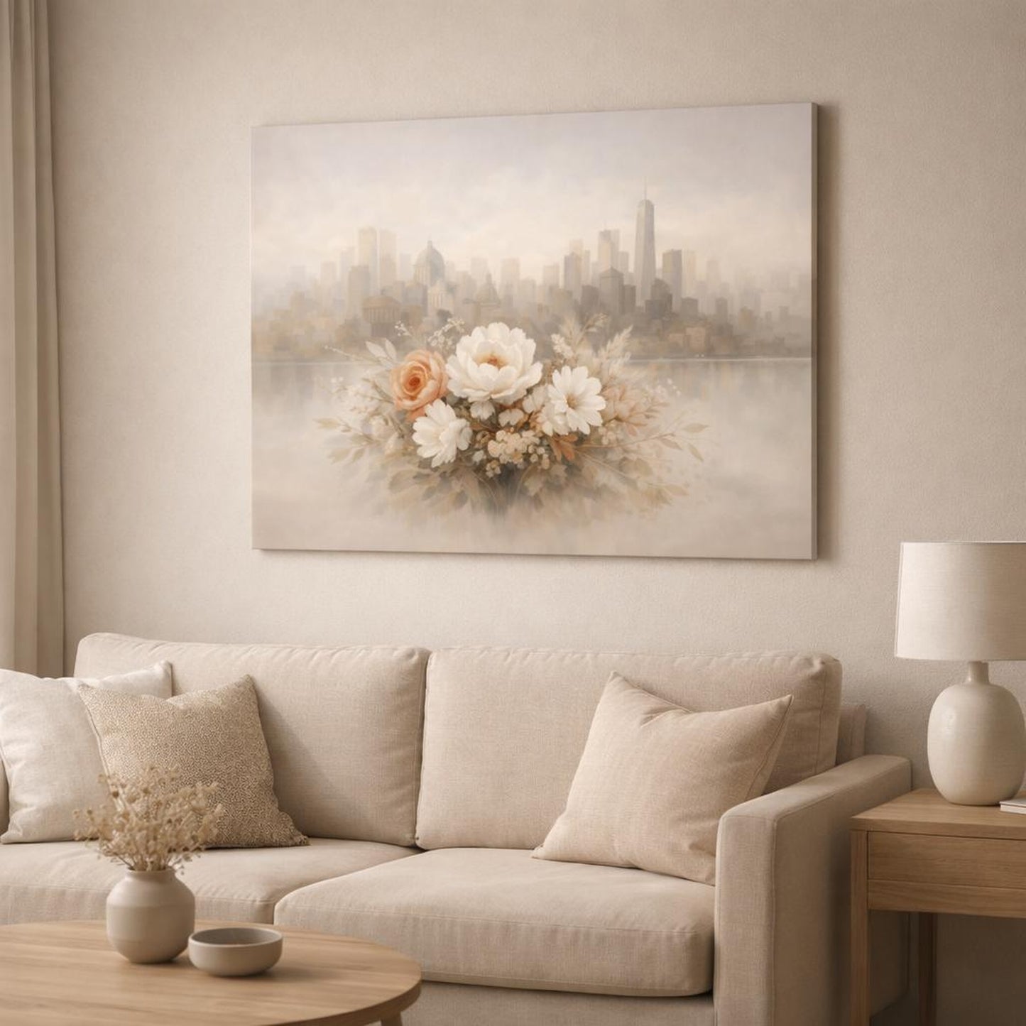 Floral Neutral Abstract City shown as canvas wall art in a modern living room