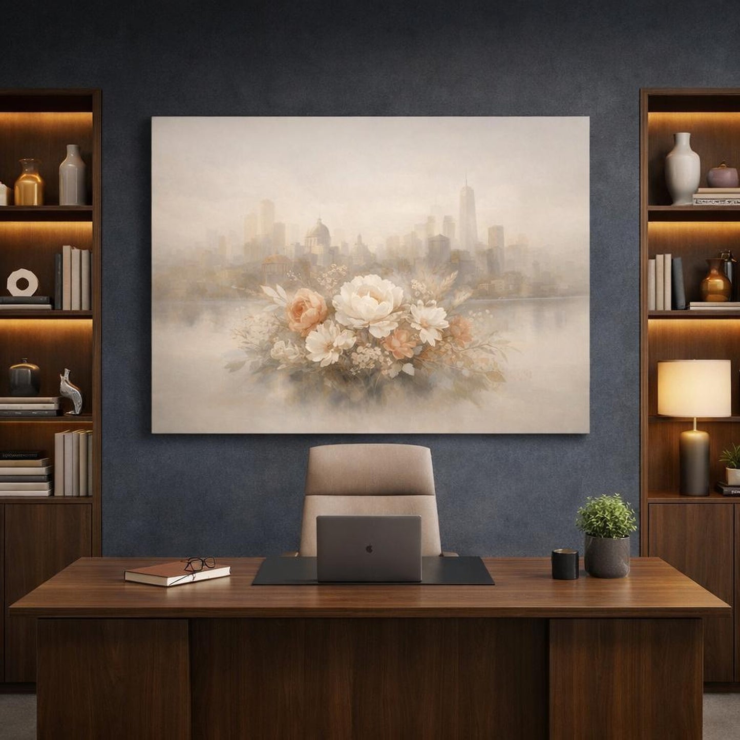 Floral Neutral Abstract City shown as canvas wall art in a luxury executive office
