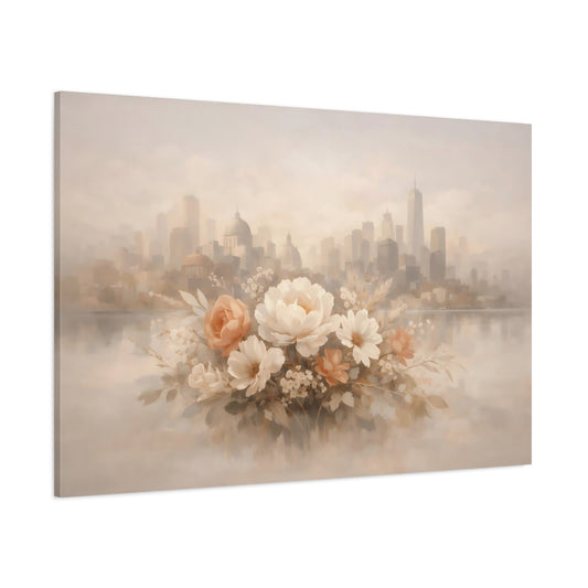 Floral Neutral Abstract City shown as stretched canvas wall art
