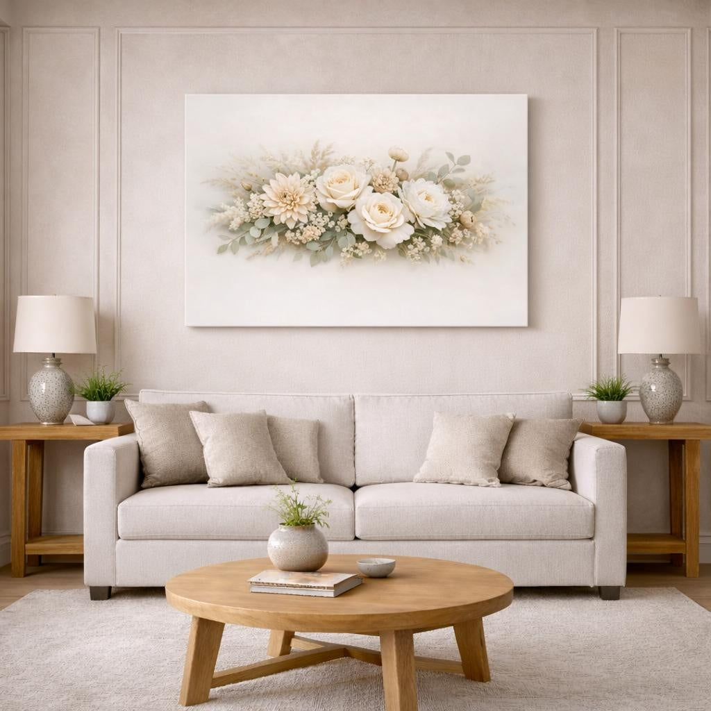 Floral Neutral Botanicals shown as canvas wall art in a modern living room