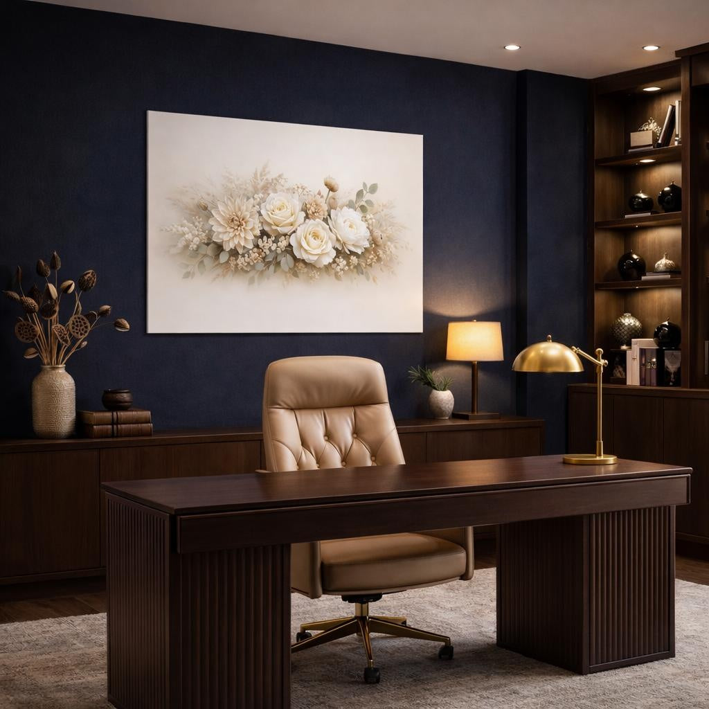 Floral Neutral Botanicals shown as canvas wall art in a refined dining room