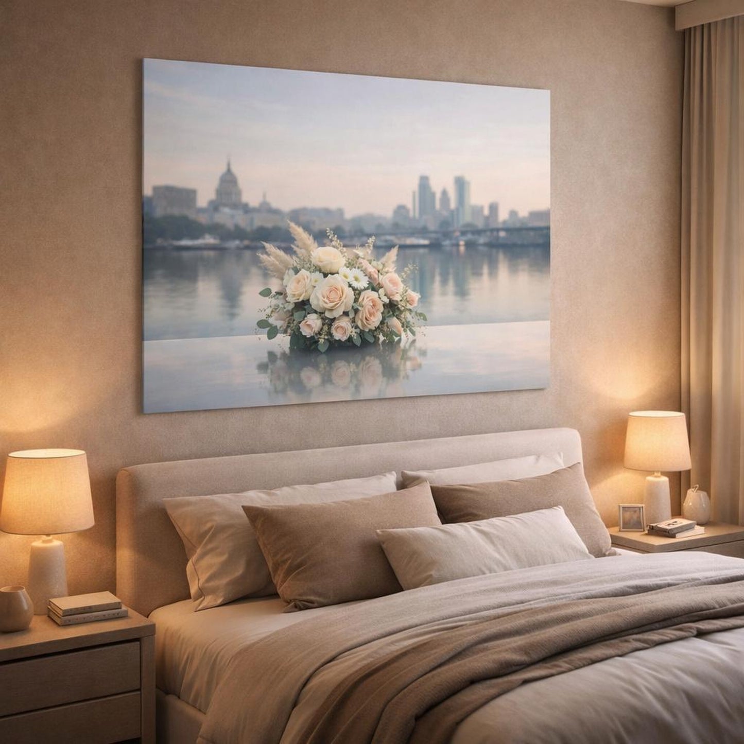 Floral Neutral City Reflection shown as canvas wall art in a luxury bedroom