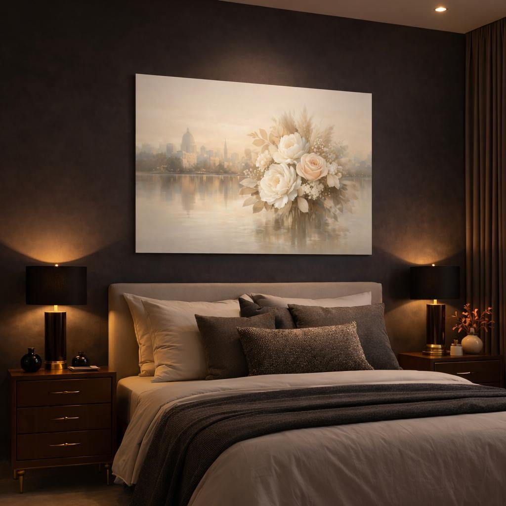 Floral Neutral City Reflection shown as canvas wall art in a luxury bedroom