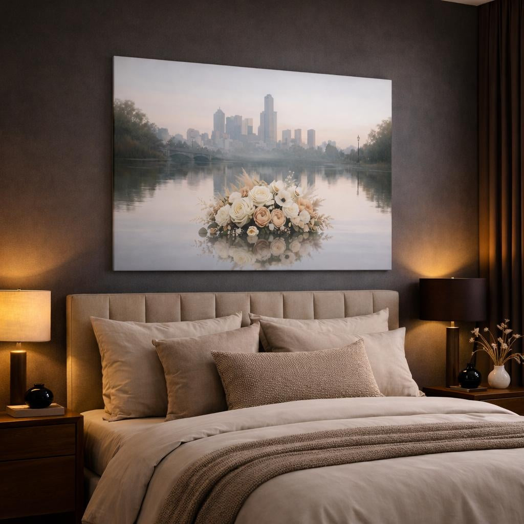 Floral Neutral City Reflection shown as canvas wall art in a luxury bedroom