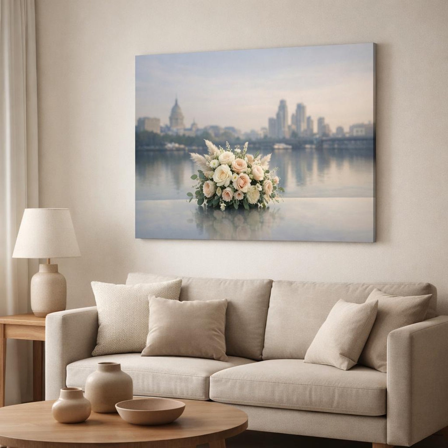 Floral Neutral City Reflection shown as canvas wall art in a modern living room