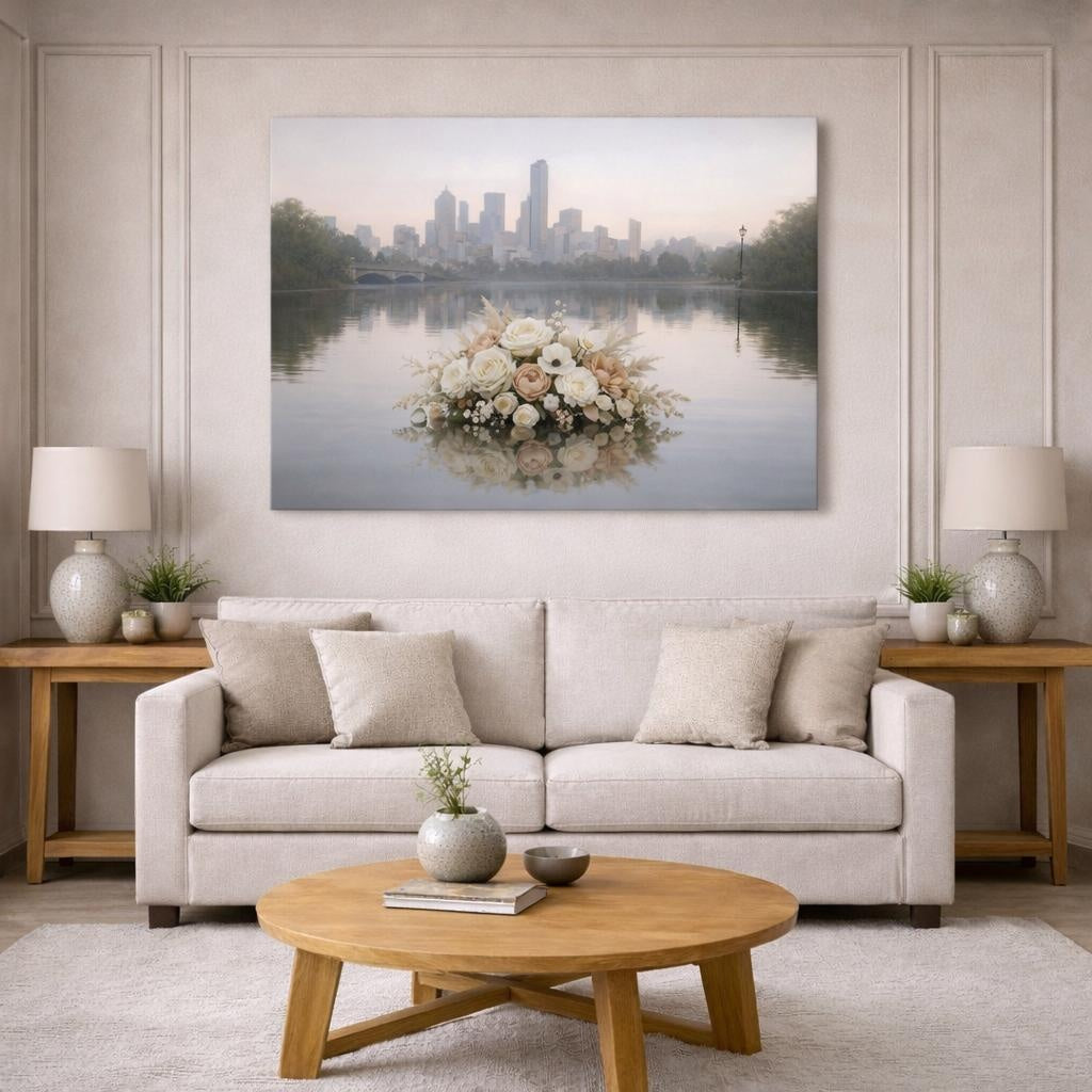Floral Neutral City Reflection shown as canvas wall art in a modern living room