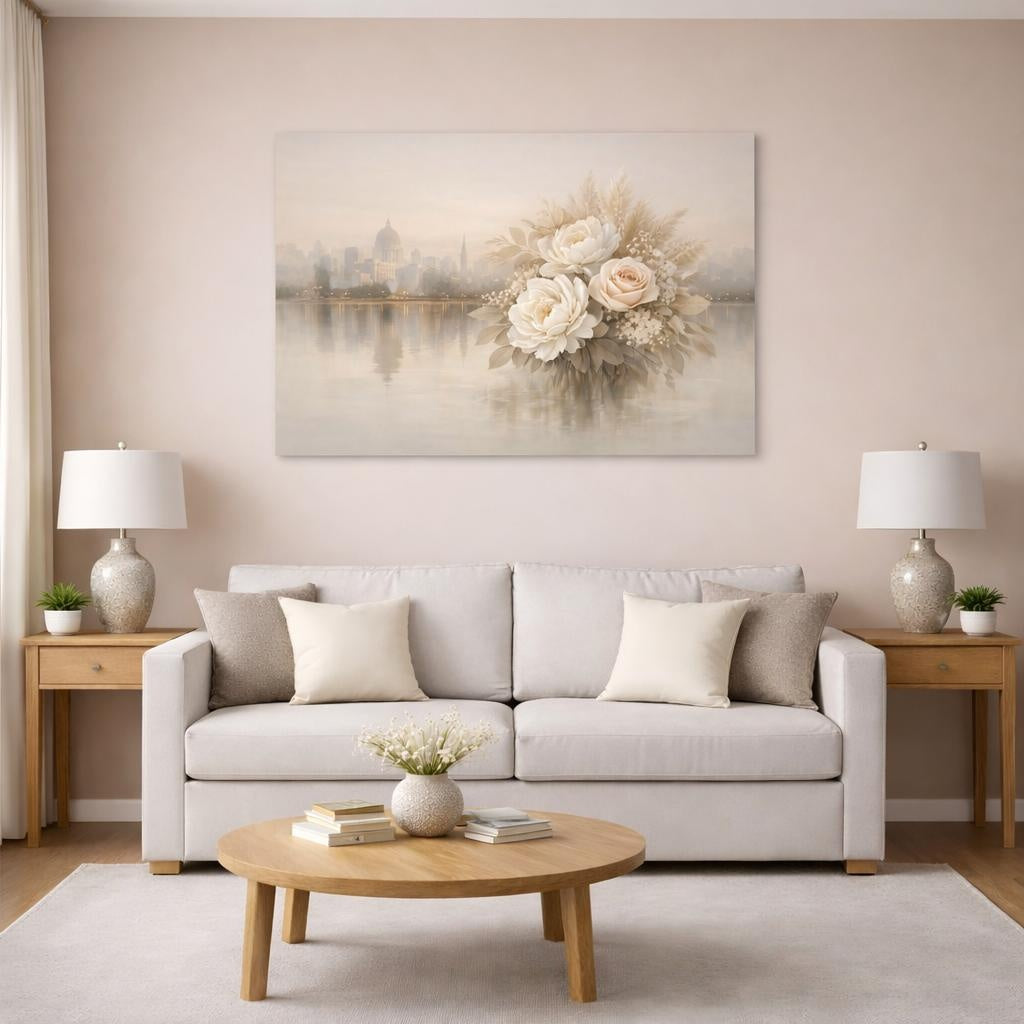 Floral Neutral City Reflection shown as canvas wall art in a modern living room