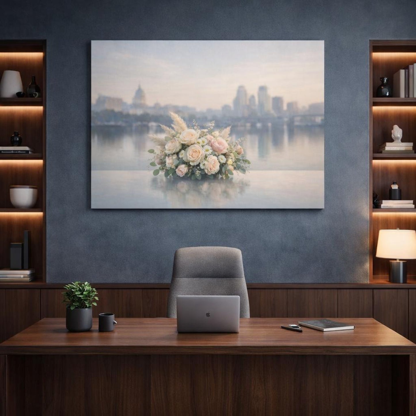 Floral Neutral City Reflection shown as canvas wall art in a refined dining room