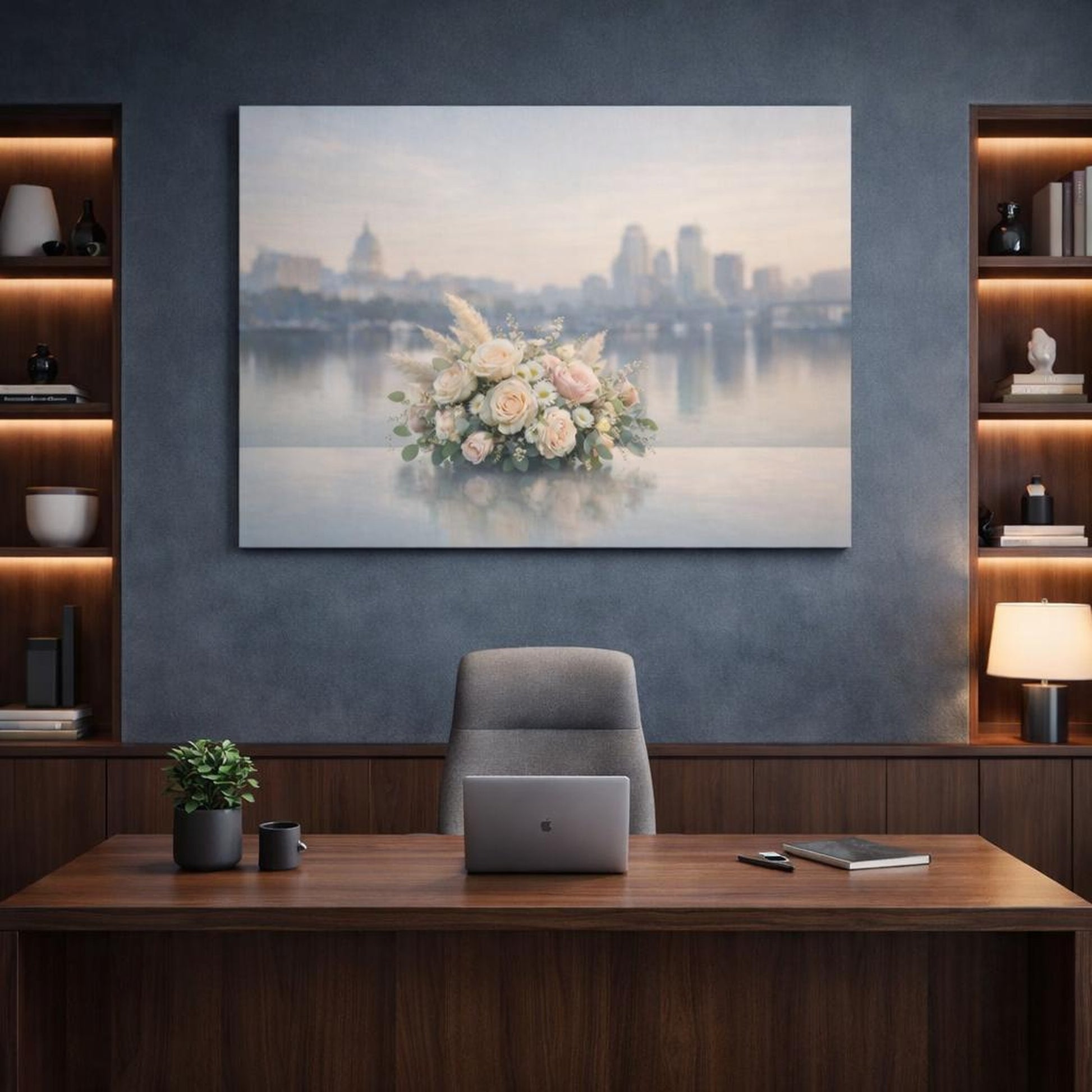 Floral Neutral City Reflection shown as canvas wall art in a refined dining room