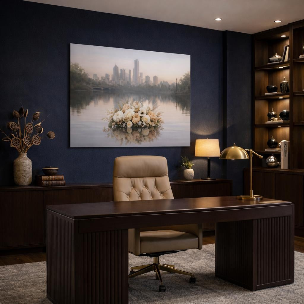Floral Neutral City Reflection shown as canvas wall art in a refined dining room