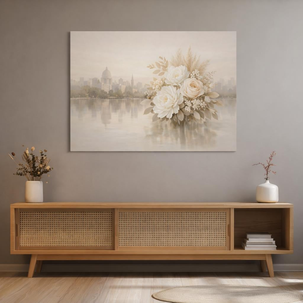 Floral Neutral City Reflection shown as canvas wall art in a refined dining room