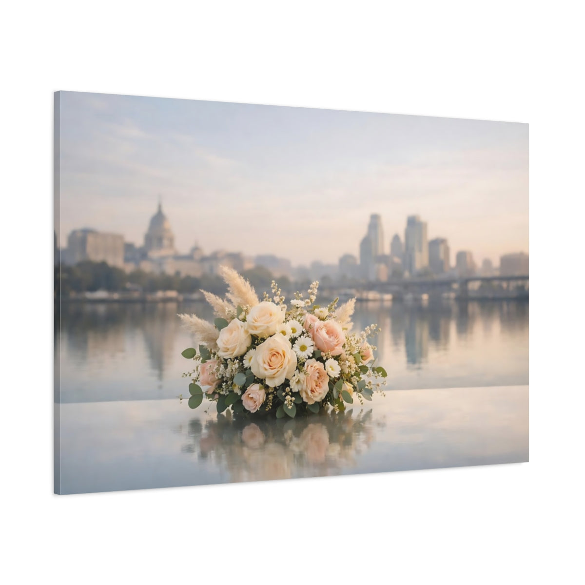 Floral Neutral City Reflection shown as stretched canvas wall art