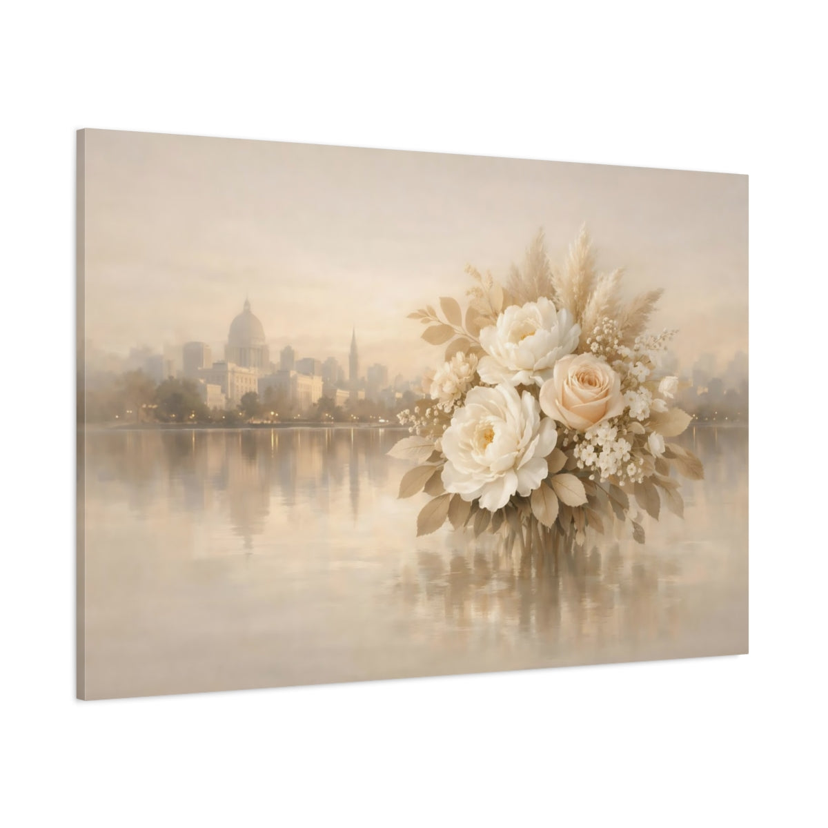 Floral Neutral City Reflection shown as stretched canvas wall art