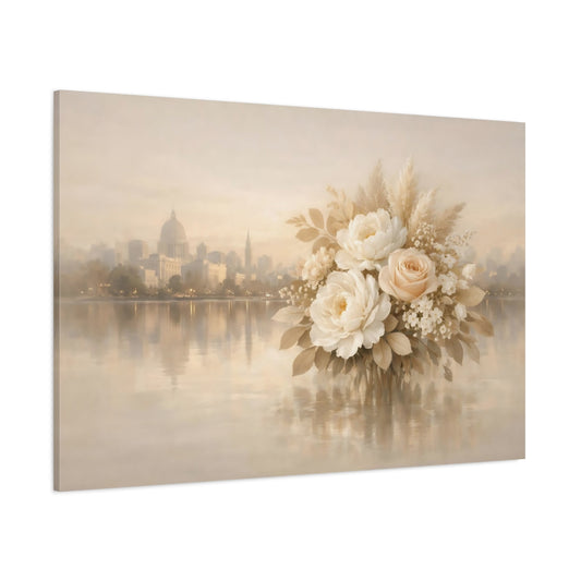 Floral Neutral City Reflection shown as stretched canvas wall art