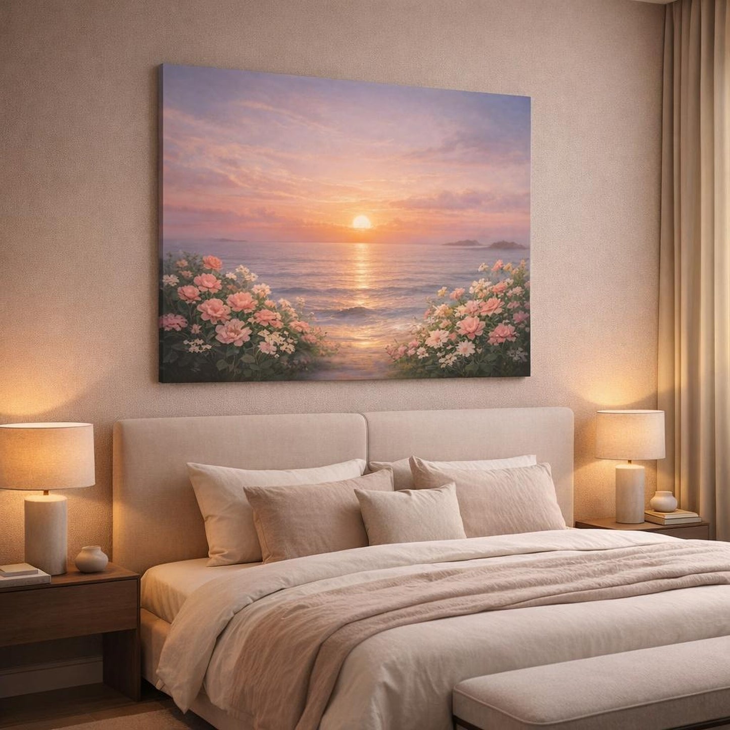 Floral Ocean Sunset shown as canvas wall art in a luxury bedroom