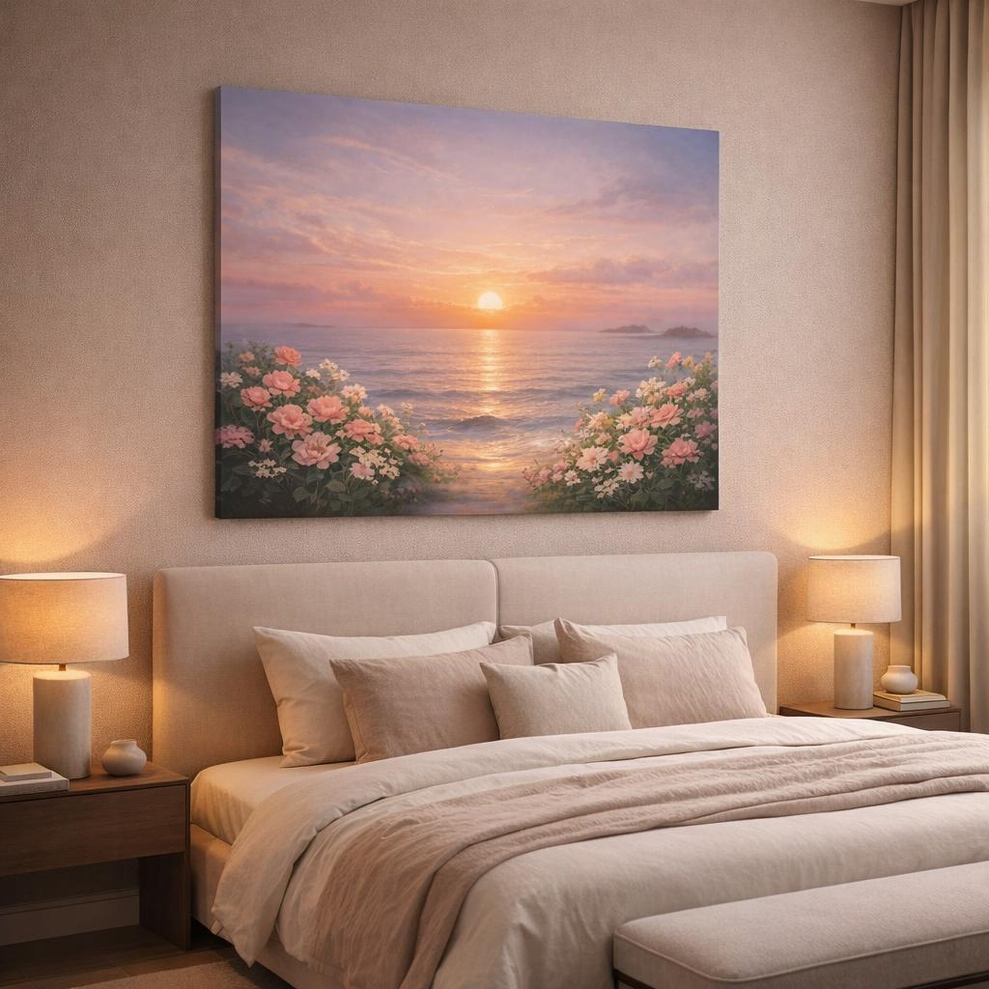 Floral Ocean Sunset shown as canvas wall art in a luxury bedroom