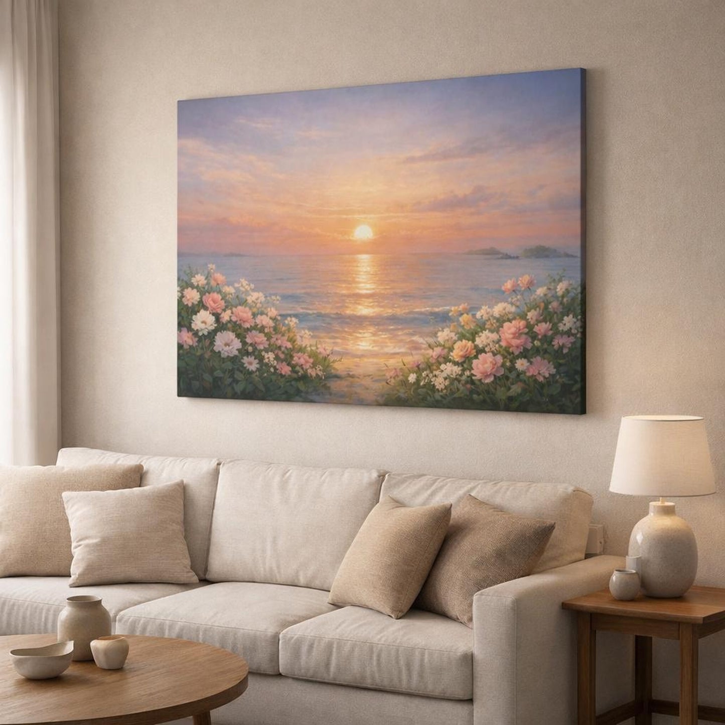 Floral Ocean Sunset shown as canvas wall art in a modern living room