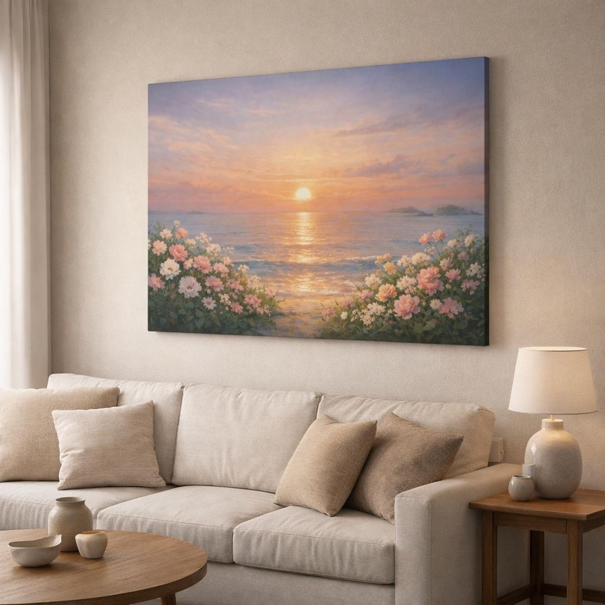 Floral Ocean Sunset shown as canvas wall art in a modern living room